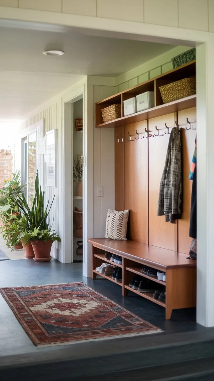 This thoughtfully designed entryway seamlessly combines mid-century modern aesthetics with practical functionality. The hall tree provides ample storage, while the dedicated mudroom area keeps shoes and other essentials neatly tucked away. The soft rug, potted plants, and light walls create a calm and inviting atmosphere, making a stylish statement from the very first step inside. A perfect blend of form and function.