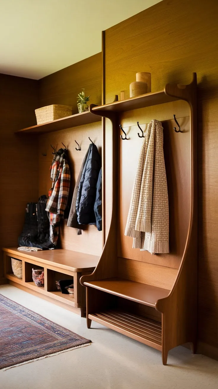 Step into mid-century modern comfort. The warm wood tones, thoughtful storage solutions-a hall tree with coat rack and shelf, plus a built-in mudroom bench-and soft lighting create an inviting entryway that's both stylish and functional. A perfect blend of form and function for a welcoming home.