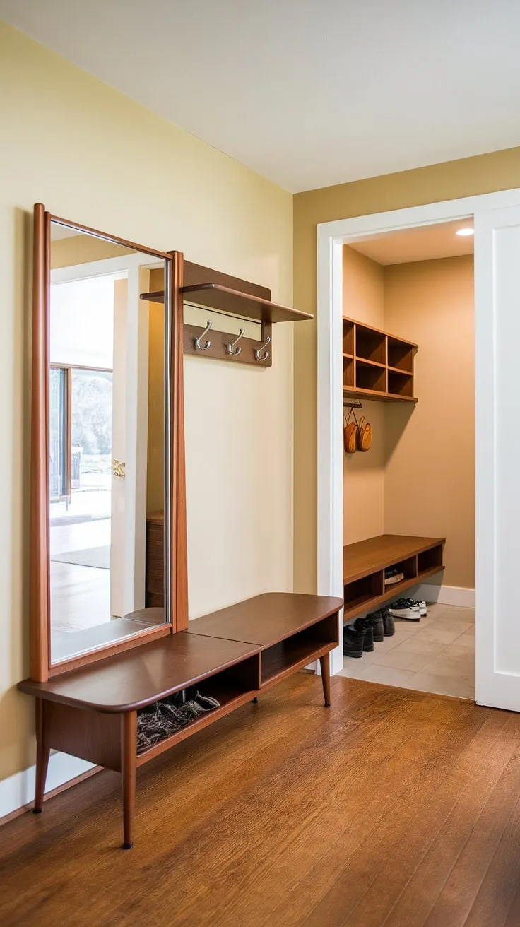 This sun-drenched entryway is the epitome of mid-century modern living. The thoughtfully designed hall tree, with its generous mirror and convenient hooks, provides both style and functionality. The adjacent mudroom, a clever addition, offers a designated drop zone for shoes and coats, keeping everything organized and clutter-free. A true testament to efficient and elegant design.