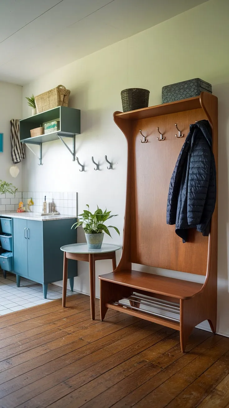 This A-frame inspired entryway seamlessly blends form and function. The thoughtful design incorporates a hall tree, a practical mudroom with sink and storage, and stylish wall hooks, all working together to create a welcoming and organized space. The warm wood floors and a pop of greenery complete this A+ home entry.