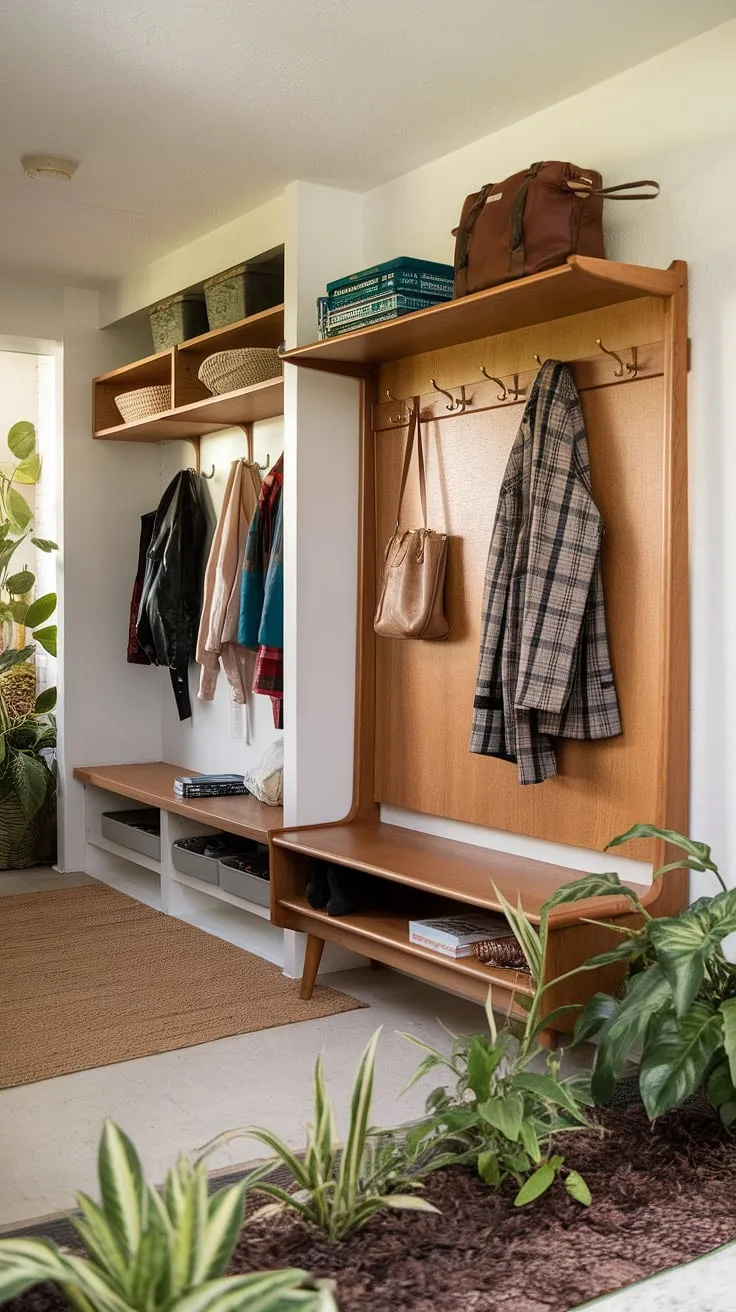 This curated entryway seamlessly blends mid-century modern aesthetics with practical functionality. The hall tree and mudroom provide ample space for coats, bags, and shoes, while the lush greenery adds a touch of nature's serenity. A perfect blend of form and function for a stylish and organized home.