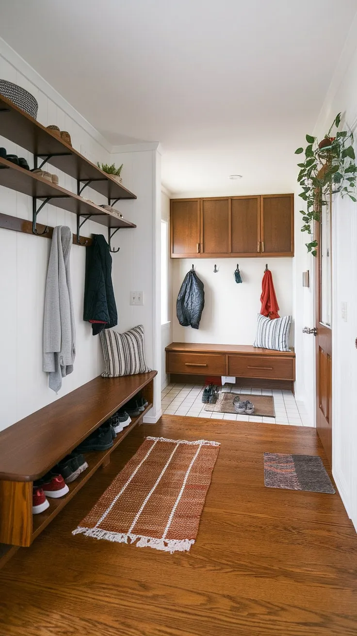 Step into mid-century modern ease with this thoughtfully designed entryway. The built-in hall tree, shoe shelves, and ample storage create a functional and stylish space where everything has its place, ensuring a calm and organized start to your day. A perfect blend of form and function, this entryway welcomes you home.