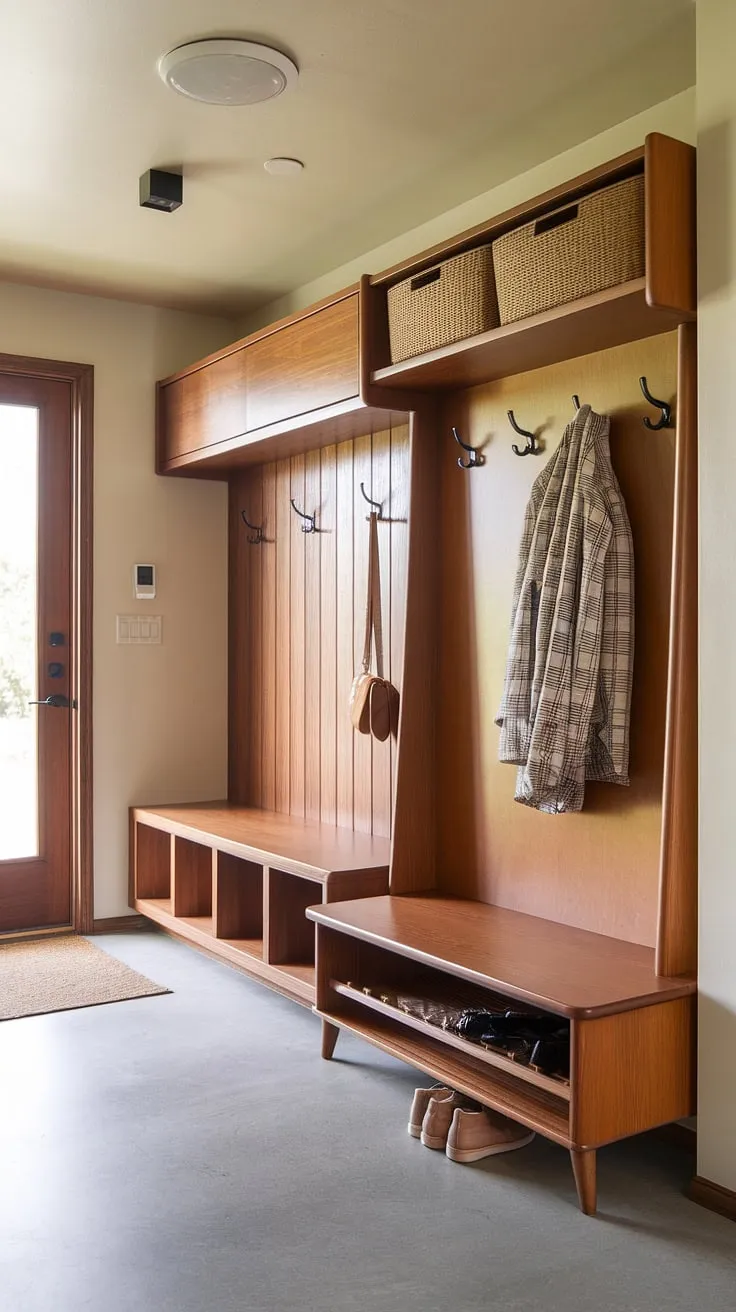 Warmth and functionality meet in this stunning mid-century modern entryway. The hall tree and mudroom seamlessly blend, offering a dedicated drop zone and plentiful storage for coats, shoes, and everyday essentials. A perfect example of how thoughtful design can enhance both style and practicality.