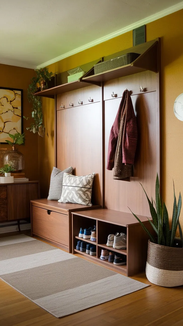 This entryway is the epitome of mid-century modern design. The hall tree, bench seating with hidden storage, and designated drop zone with a stylish rug and basket make coming and going a breeze. The warm wall color and wood floors create a cozy and inviting a atmosphere.