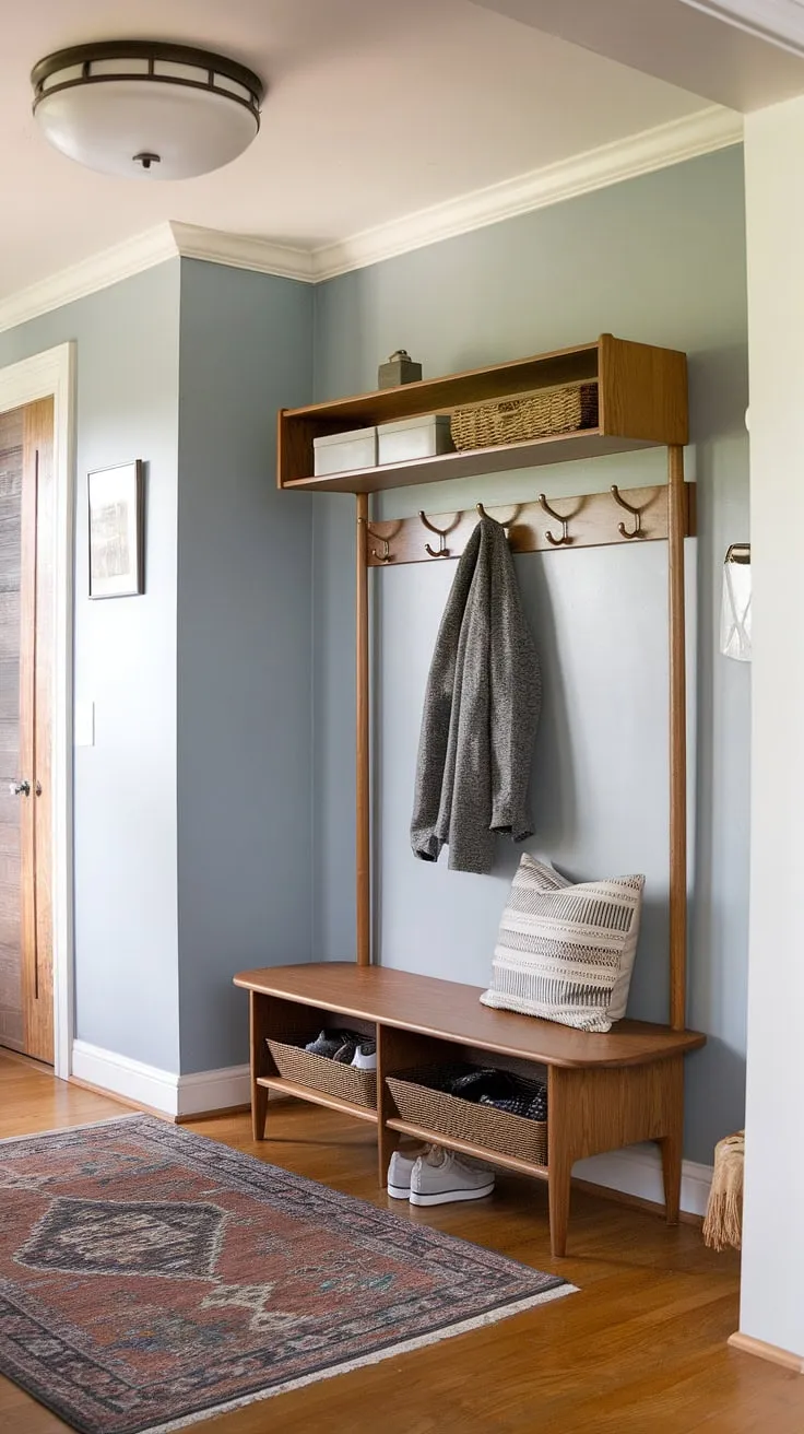 Step into serenity. This mid-century modern entryway, bathed in soft blue light, welcomes you home with its thoughtfully designed hall tree, providing ample space for coats and shoes. The calming atmosphere and functional design create the perfect A-list welcome.