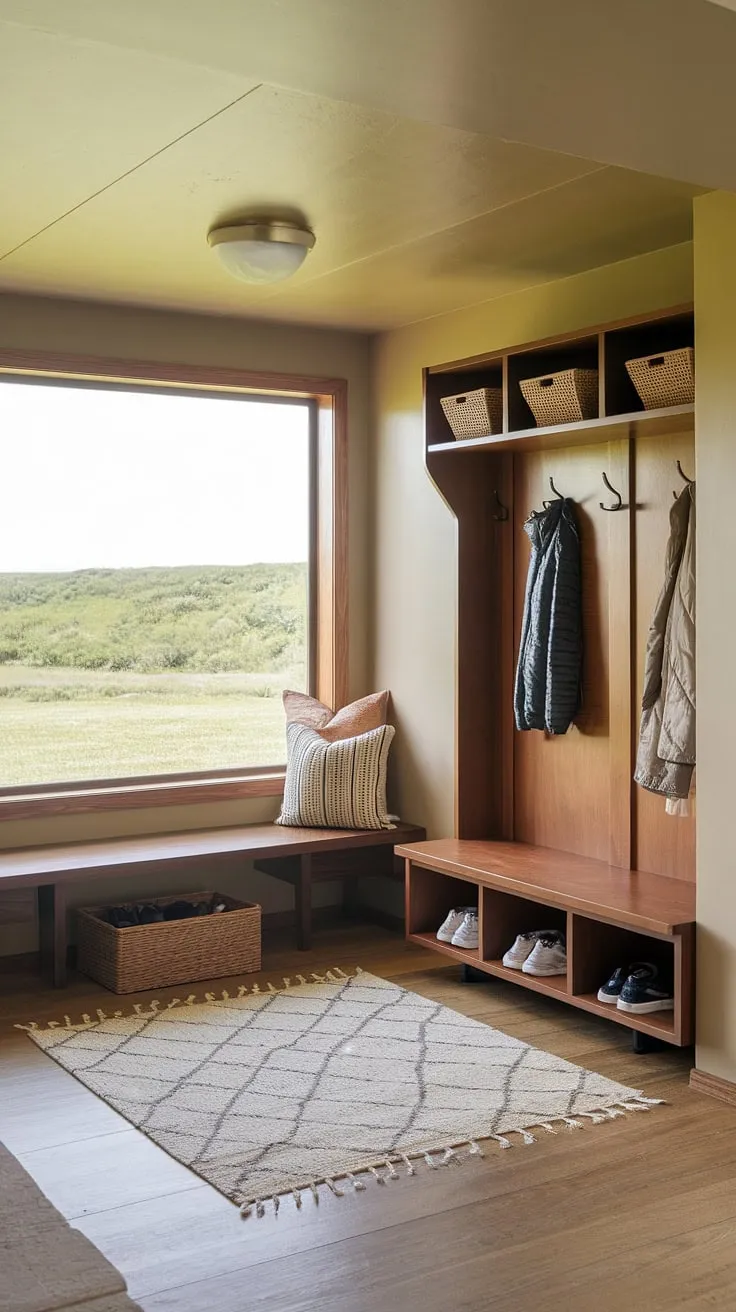 Organized chaos? Not in this mid-century modern haven. With its thoughtful design, this mudroom seamlessly blends functionality and style. The hall tree provides ample storage for coats and shoes, while the dedicated drop zone keeps everything in its place. The view from the large window adds a touch of tranquility to this practical space, making even the most mundane task feel a little more special.
