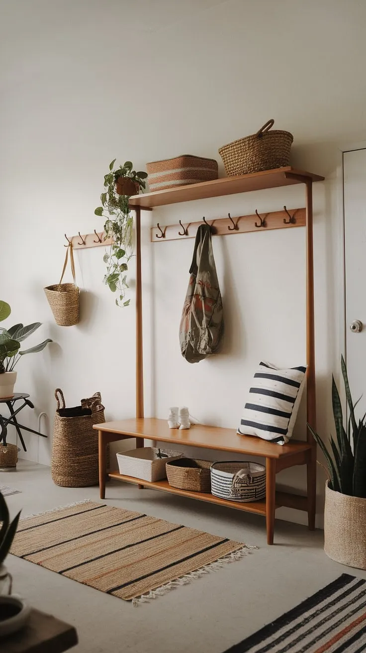 Step into serenity. This mid-century modern entryway, with its thoughtful use of space and minimalist design, welcomes you home. The hall tree, bench, and woven baskets offer practical storage, while the pops of greenery add a touch of life. A perfect blend of form and function.