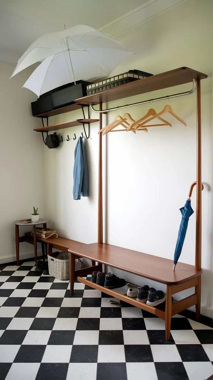 Step into mid-century modern style with this perfectly organized entryway. The black and white checkered floor adds a touch of playful sophistication, while the functional hall tree and designated drop zone keep everything in its place. A welcoming space where style meets practicality.