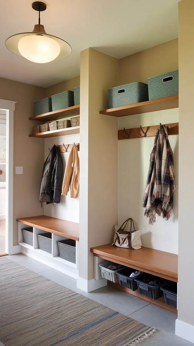 This thoughtfully designed entryway seamlessly blends mid-century modern aesthetics with practical functionality. The hall tree and integrated mudroom provide ample storage for coats, bags, and shoes, creating a welcoming and organized space. The soft beige walls and warm wood tones create a calming and inviting atmosphere. A true testament to timeless design.