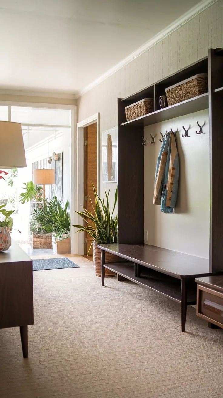 Step into mid-century modern style with this inviting entryway. The warm beige carpet, dark wood hall tree, and thoughtfully designed mudroom create a welcoming atmosphere where functionality meets timeless elegance. A perfect blend of form and function, this space effortlessly manages daily chaos while maintaining a sophisticated aesthetic. The addition of potted plants and a stylish lamp adds a touch of personality.