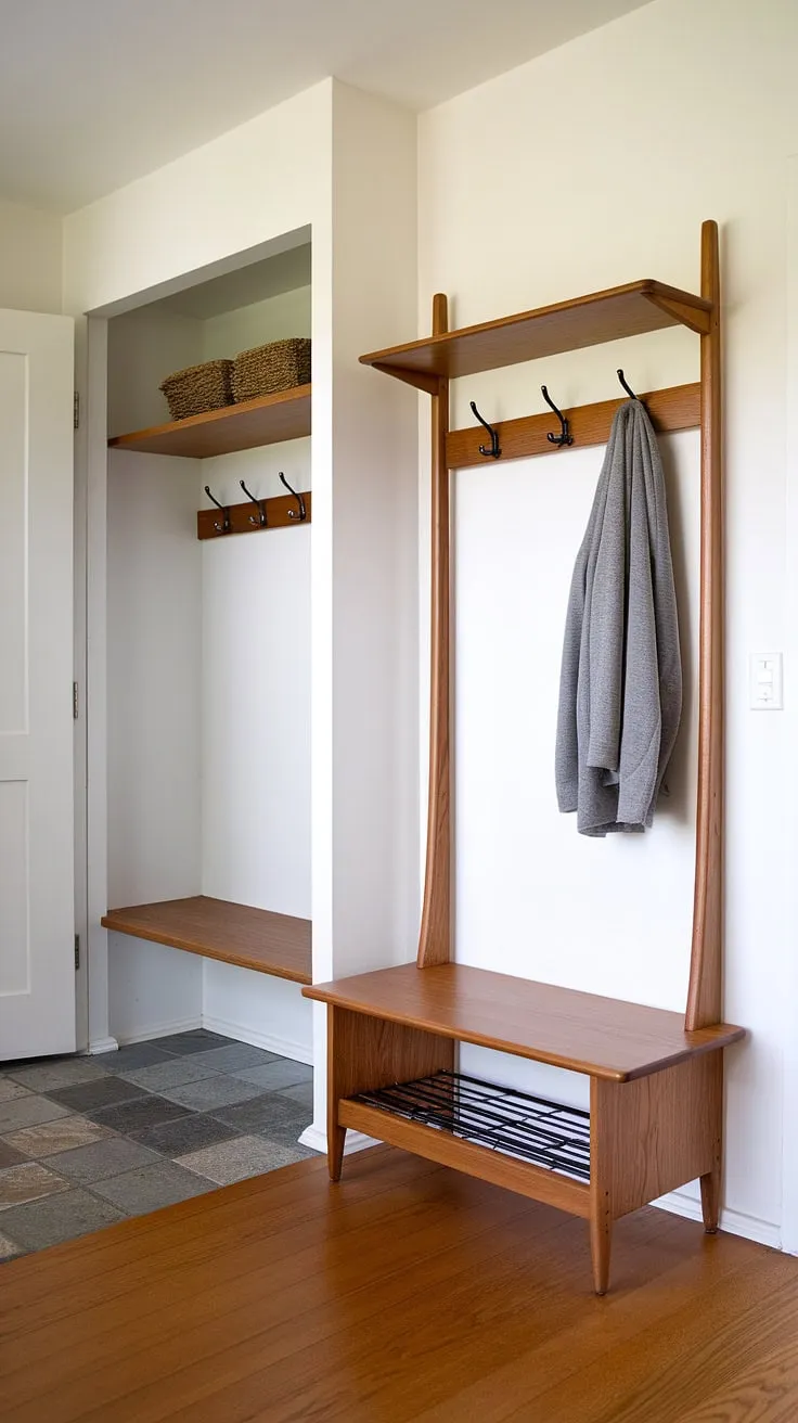Step into mid-century modern simplicity with this streamlined entryway. The hall tree, complete with coat rack and bench, offers effortless organization, while the adjacent mudroom's drop zone and shelving provide ample storage for everyday essentials. A perfect blend of form and function.
