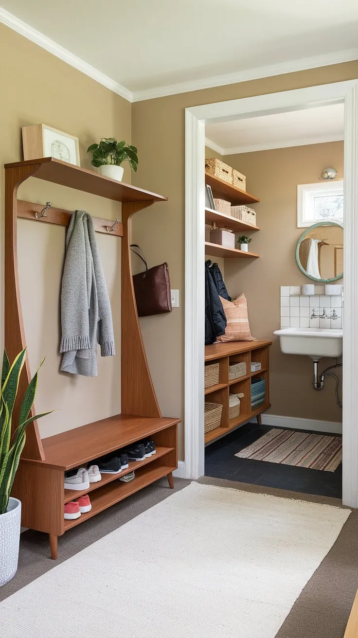 This inviting entryway seamlessly blends mid-century modern aesthetics with practical organization. The hall tree provides a designated spot for coats and shoes, while the integrated mudroom with its sink and storage shelves keeps everything in its place. The soft beige walls and white rug create a calming atmosphere, making this the perfect welcoming area for you and your guests. A space designed for both style and ease.