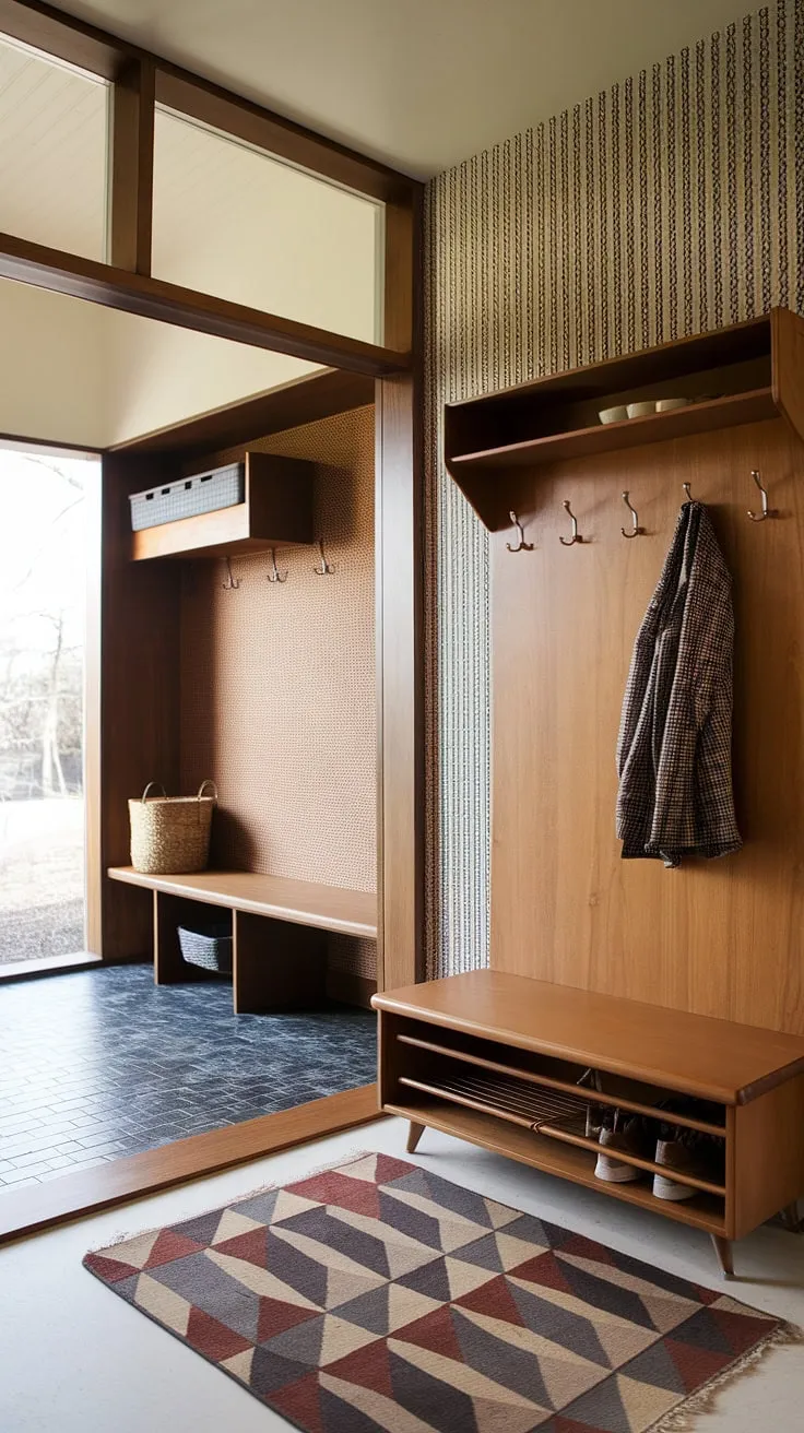 Step into mid-century modern charm with this perfectly organized entryway. The hall tree, complete with bench and ample storage, keeps coats and shoes neatly tucked away, while the patterned textile adds a touch of vintage flair. A dedicated drop zone ensures a clutter-free space, making coming and going a breeze. The large window floods the area with natural light, creating a welcoming atmosphere.
