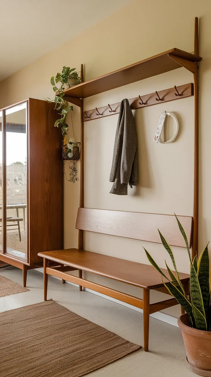 Step into mid-century modern style with this organized and functional entryway. The hall tree, complete with a wooden bench and coat rack, provides ample storage, while the added shelf above offers a place for keys and other essentials. A touch of greenery adds life to the space, creating a welcoming ambiance.