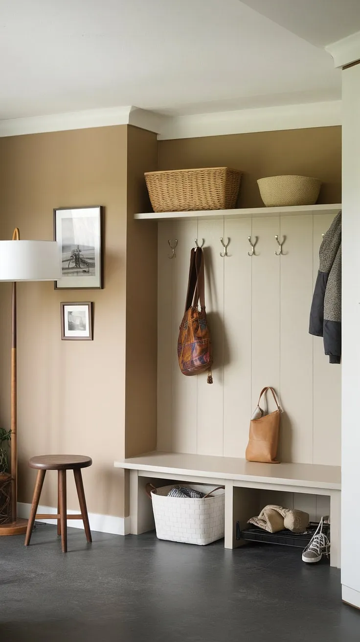 Step back in time with this mid-century modern mudroom. The clean lines and thoughtful design create a functional and stylish entryway, showcasing the perfect blend of form and function. A white shelf provides ample storage, while the dark gray floor adds a touch of sophistication. A simple yet elegant hall tree anchors the space, making it the perfect drop zone for everyday essentials.