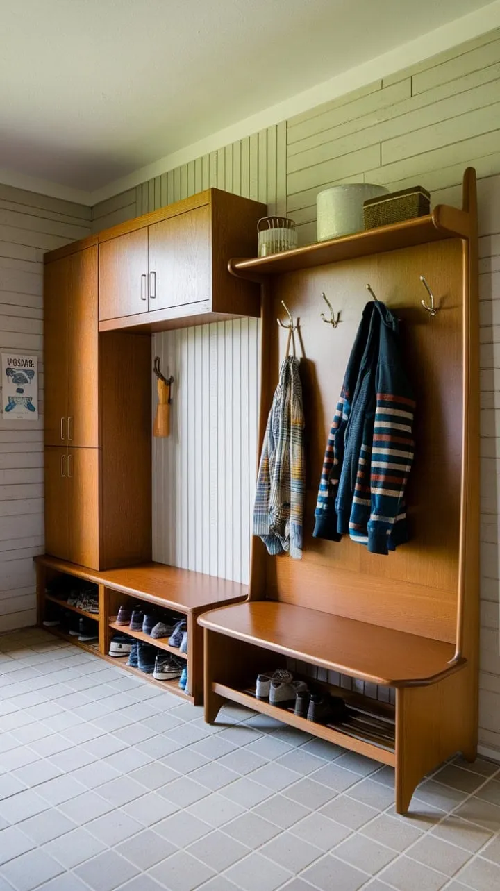 This mid-century modern entryway masterfully combines style and practicality with a chic hall tree, built-in storage, and a cozy mudroom, all enhanced by warm wood paneling and tiled flooring.