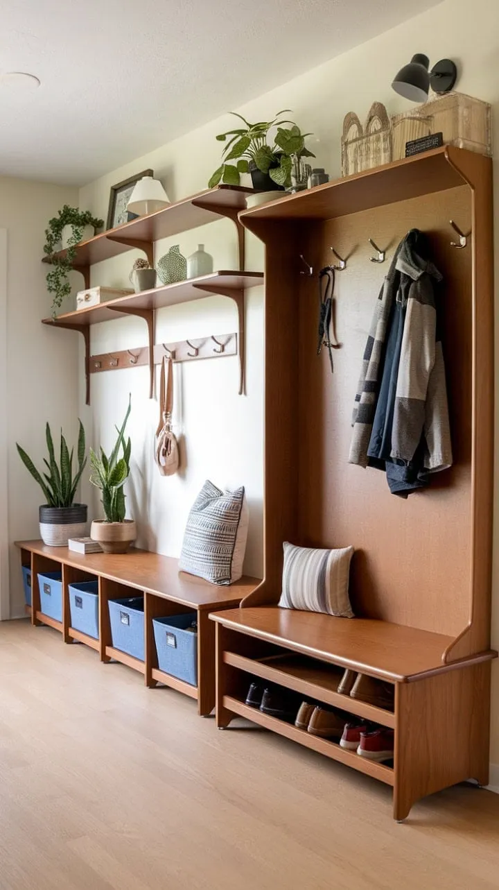 This entryway masterfully blends organized charm with mid-century modern design, featuring thoughtful storage solutions and warm wood tones bathed in natural light.