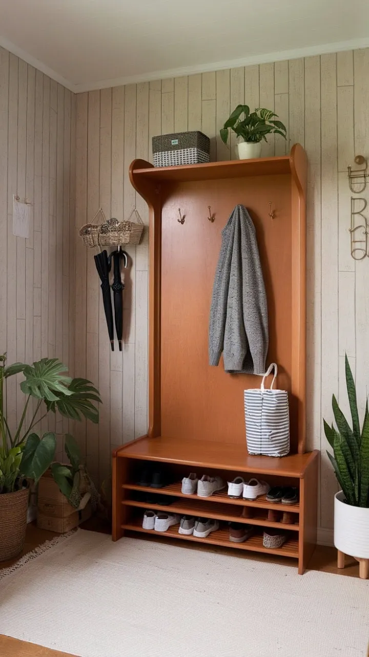 This thoughtfully crafted entryway harmoniously fuses mid-century modern style with practical storage solutions, creating a warm and inviting space.