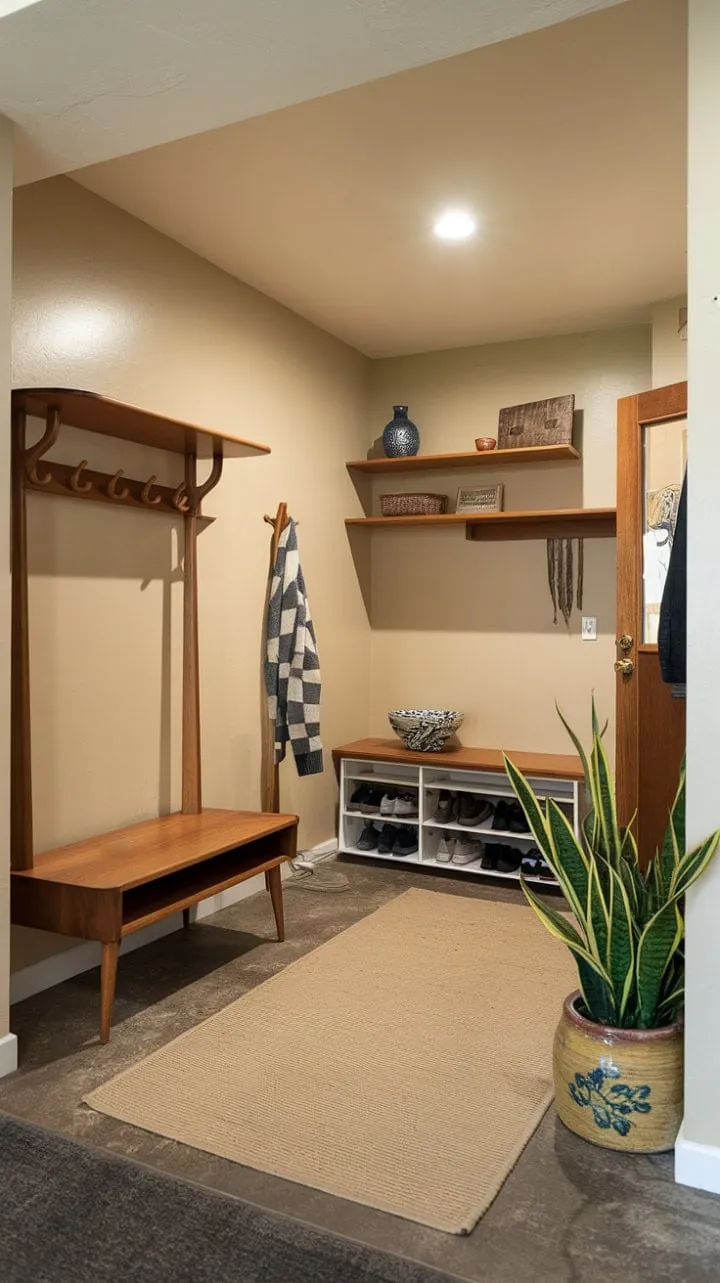 This sunlit entryway masterfully blends timeless design with functionality, showcasing meticulous details that create a serene sanctuary of beauty and organization.