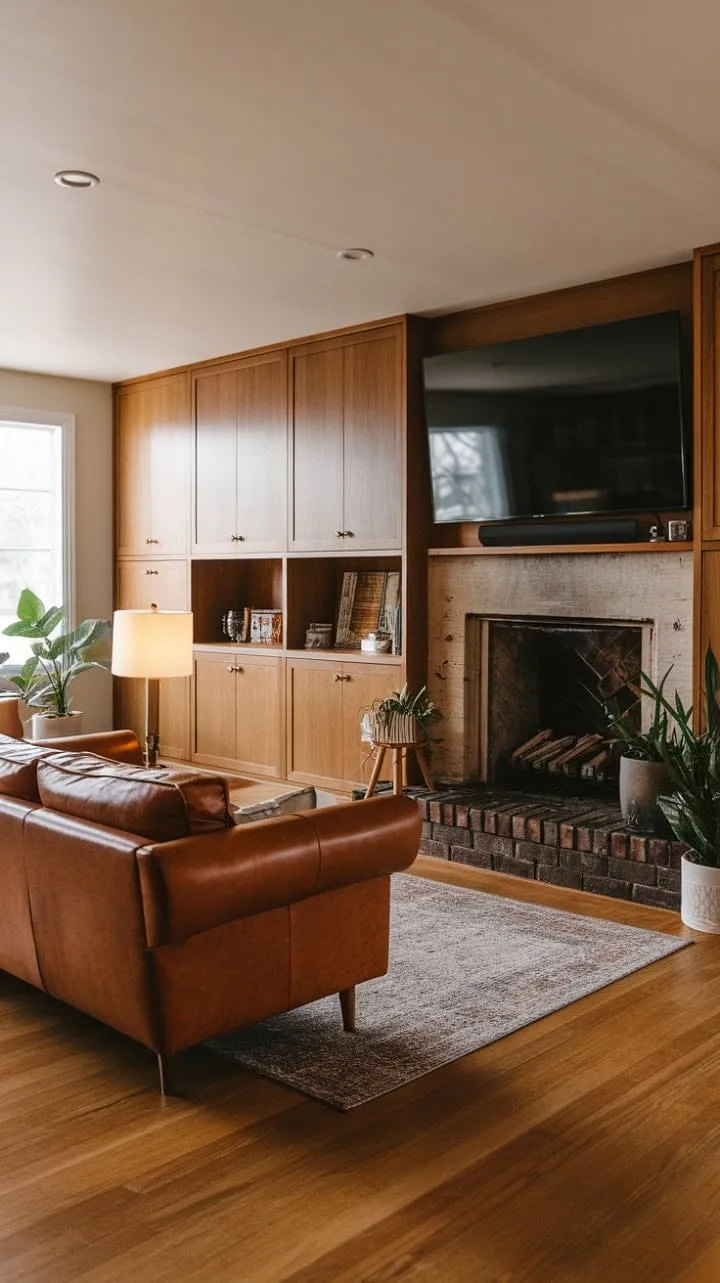 This family room harmoniously fuses rustic warmth with mid-century elegance, creating an inviting oasis centered around a cozy fireplace and lush greenery.