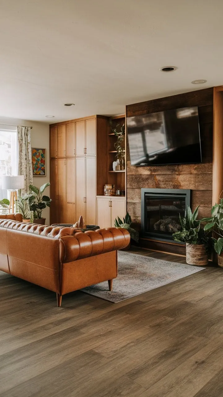 In this mid-century modern masterpiece, the fireplace's warm glow dances on polished wood floors, crafting a stylish yet inviting sanctuary for family and friends.
