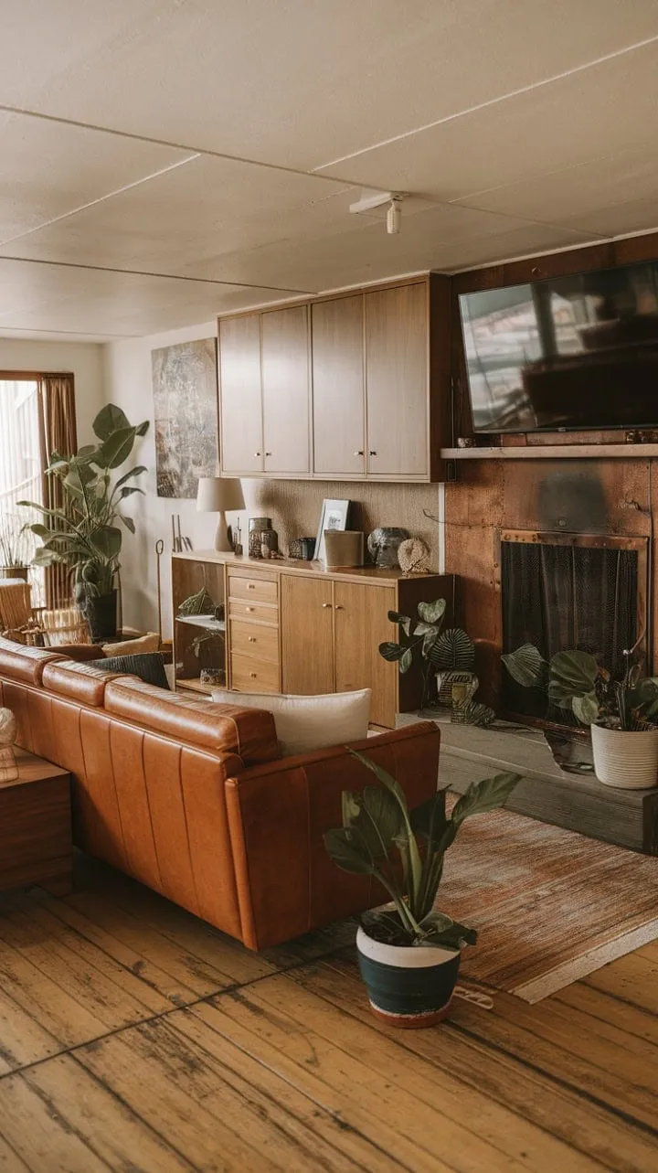 This mid-century modern family room harmoniously combines rustic charm and sleek design, featuring built-in cabinetry, leather seating, and a glowing fireplace for the ultimate relaxation and connection.