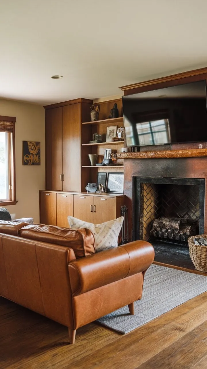 This mid-century modern retreat harmoniously combines warmth and style, featuring a rustic fireplace and rich leather furnishings that invite cherished memories.