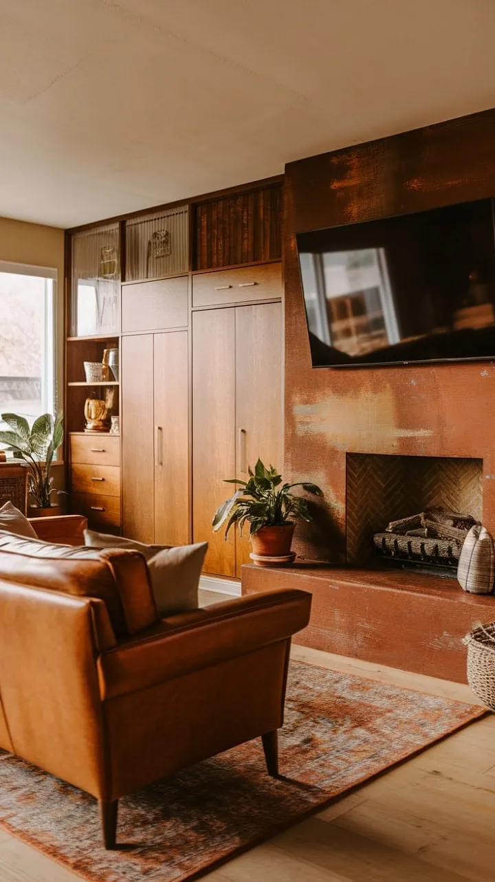 This inviting family room masterfully combines warmth and mid-century modern style with a rich leather couch and rustic fireplace, creating a cozy haven for relaxation and connection.