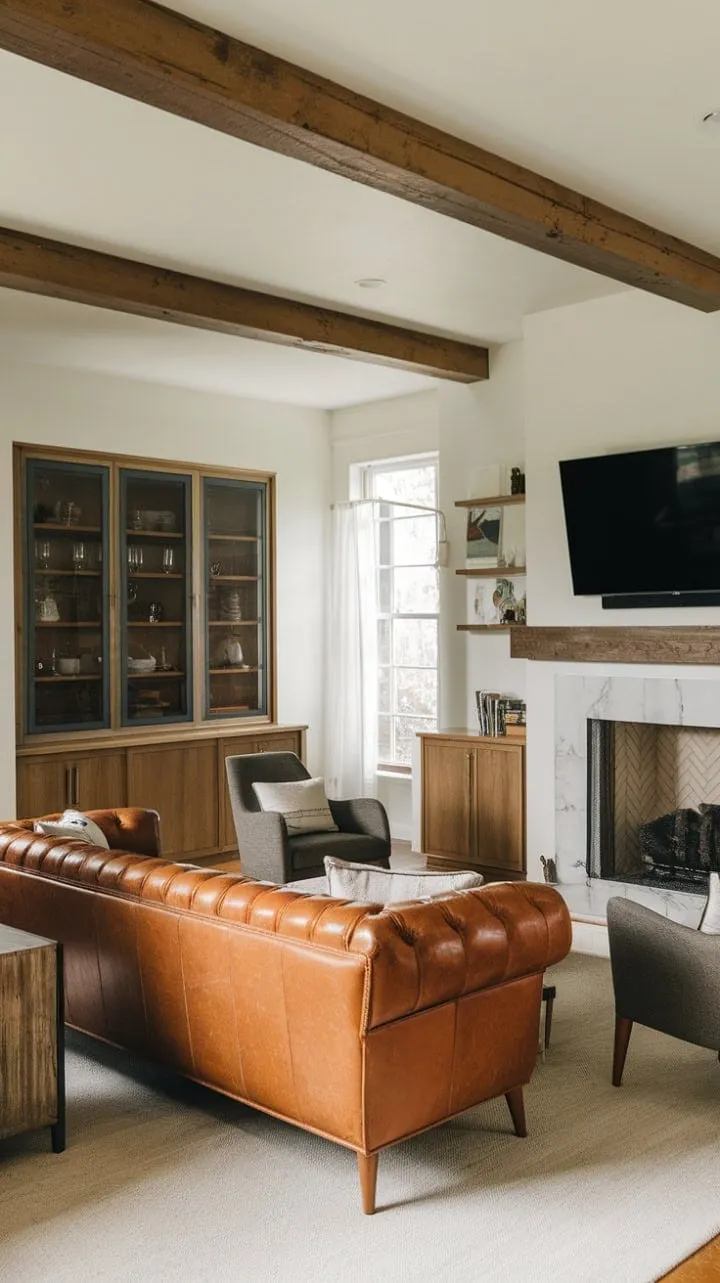 This mid-century modern living space harmoniously fuses warmth and vintage charm with sleek leather and rustic elements, creating a stylish sanctuary of comfort.