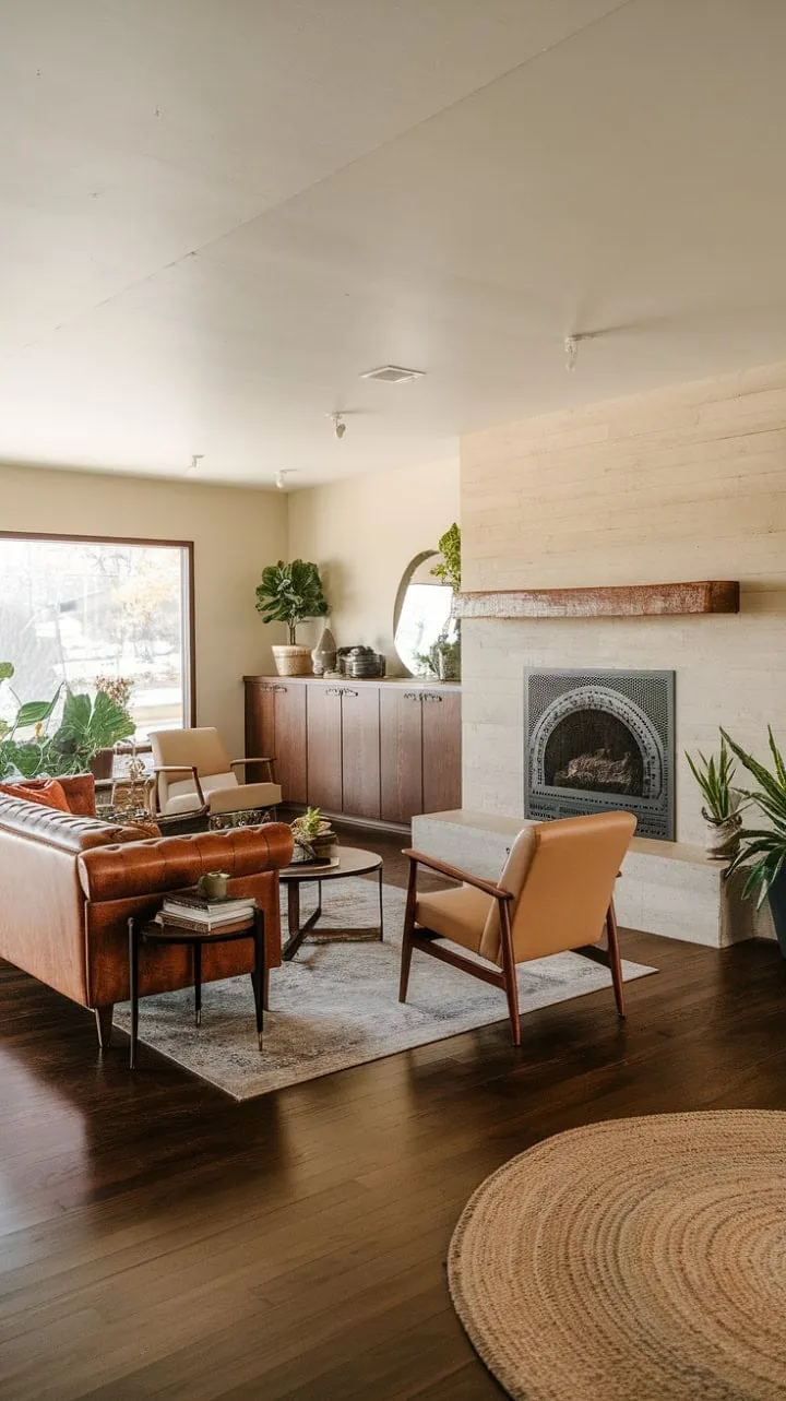 In this mid-century modern sanctuary, rustic charm and refined elegance blend seamlessly, inviting relaxation amidst natural wood, polished floors, and a striking fireplace.