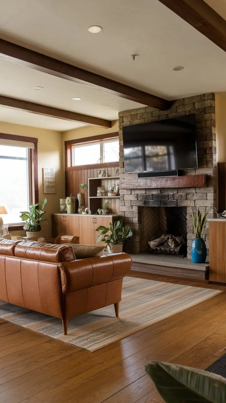 This mid-century modern living room blends the cozy warmth of a rustic fireplace with sleek design, creating a stylish sanctuary perfect for relaxation and cherished memories.