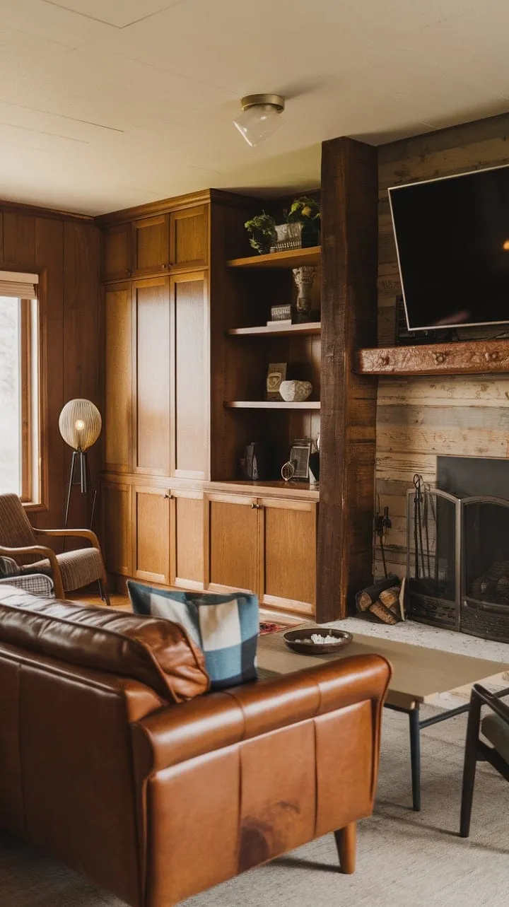 This mid-century modern family room harmoniously fuses rustic warmth and sleek lines, featuring a rich leather couch, stylish built-in cabinetry, and a cozy fireplace with an integrated TV, embodying timeless design.