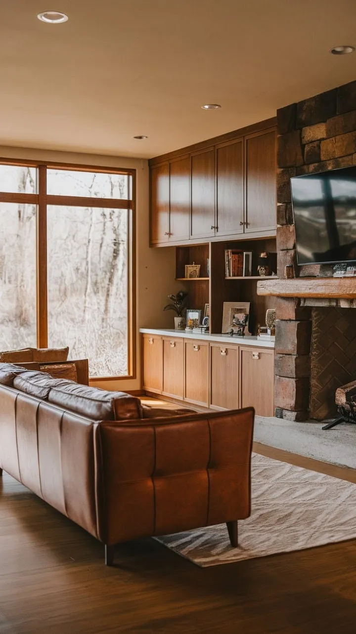 This mid-century modern family room masterfully combines warmth and sophistication with a rich leather couch, rustic fireplace, and stunning views for the ultimate cozy retreat.