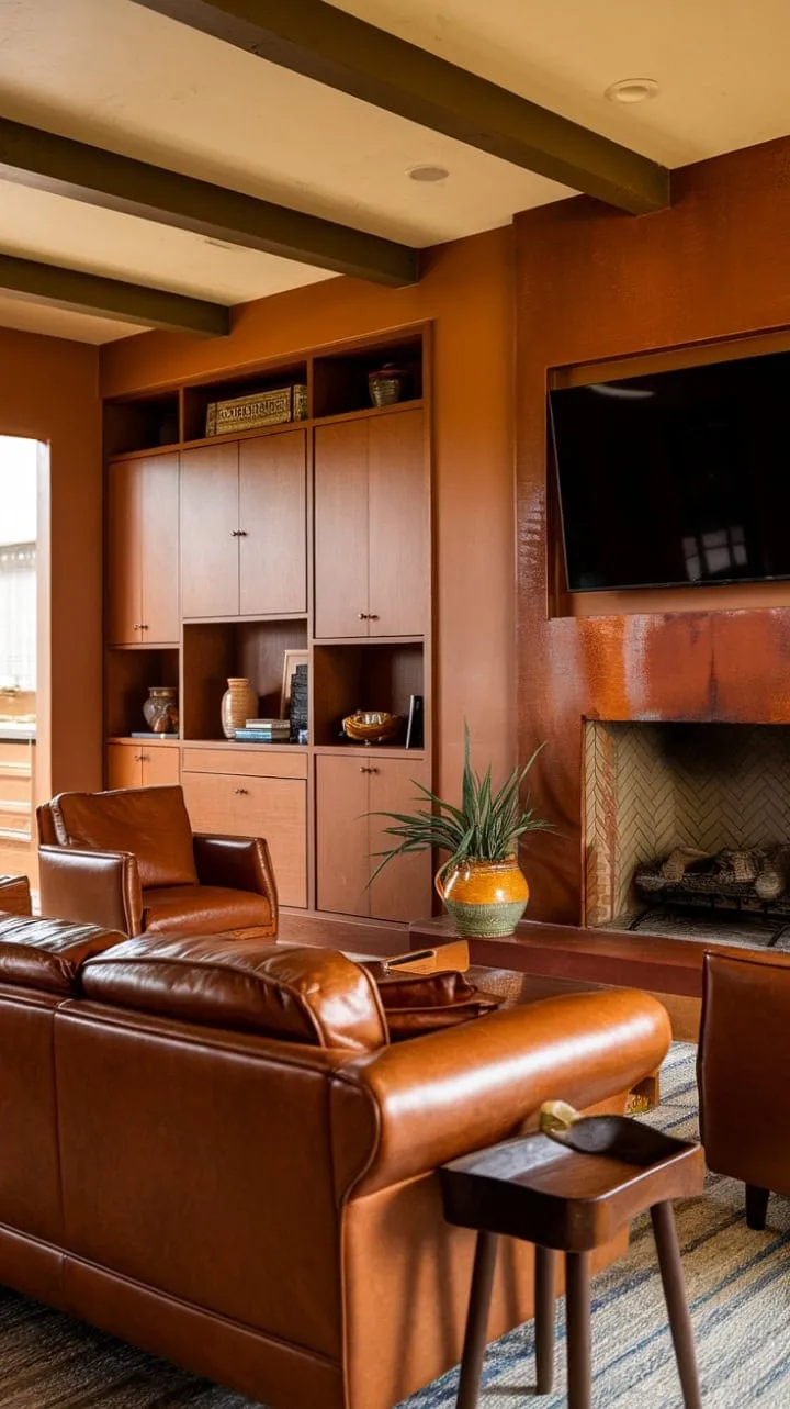 This mid-century modern family room blends cozy elegance with rustic charm, featuring deep brown leather furnishings, warm orange hues, and a striking fireplace that invites relaxation.