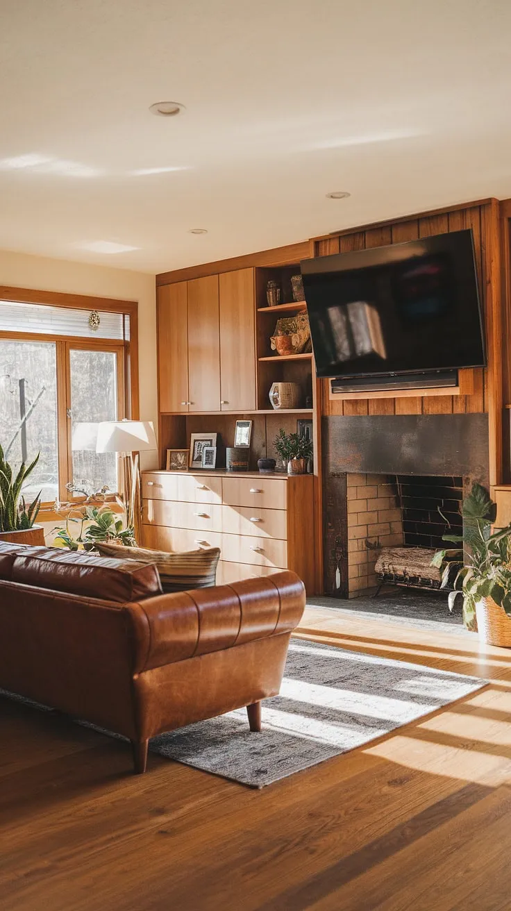 This mid-century modern living room is a study in contrasts: the rugged fireplace with its mounted TV juxtaposed against the smooth leather of the sofa and the clean lines of the built-in units. Natural light floods the space, highlighting the rich wood floors and the carefully curated artwork. A haven of calm and style, it's the heart of the home.