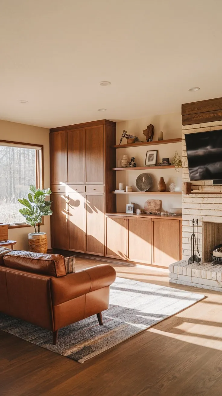 A mid-century modern dream: The combination of sleek lines, natural materials, and a cozy fireplace creates an inviting atmosphere. This family room, bathed in natural light, is the perfect blend of style and functionality, a space designed for relaxation and connection. The carefully curated details, from the built-in shelving to the potted plant, add to the overall charm.
