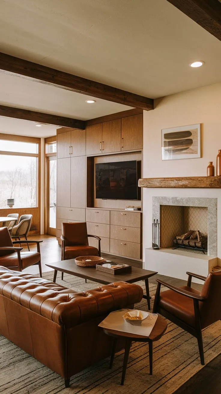 This mid-century modern living room, with its rustic accents and built-in entertainment center, is the epitome of cozy sophistication. The leather furniture and warm lighting create a welcoming atmosphere, perfect for relaxing evenings and quality family time. A true haven of comfort and style.