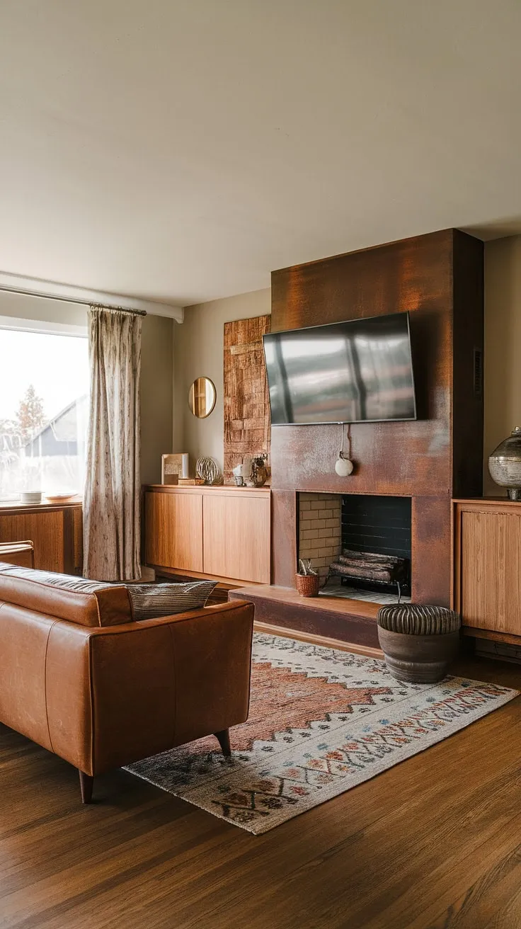 Warmth, comfort, and timeless style converge in this mid-century modern family room. The rich leather couch invites relaxation, while the built-in cabinetry and rustic fireplace add character and functionality. A perfectly curated space for creating lasting memories.