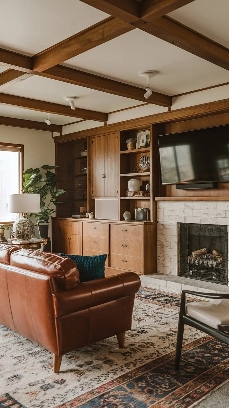 This mid-century modern living room seamlessly blends rustic charm with sleek design. The rich leather sofa, complemented by the built-in storage and the warmth of the fireplace, creates a sophisticated yet relaxed ambiance. The patterned rug and wooden beams add texture and character, while the strategically placed lamp provides a soft, inviting glow. A perfect example of timeless design.