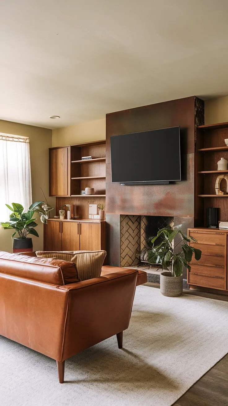 This mid-century modern family room is the epitome of understated elegance. The rich leather couch anchors the space, while the built-in cabinets add a touch of sophistication. The rustic fireplace, with its mounted TV, is a focal point, offering both warmth and entertainment. The neutral color palette and the addition of potted plants create a calm and inviting atmosphere, a perfect blend of vintage charm and contemporary living.