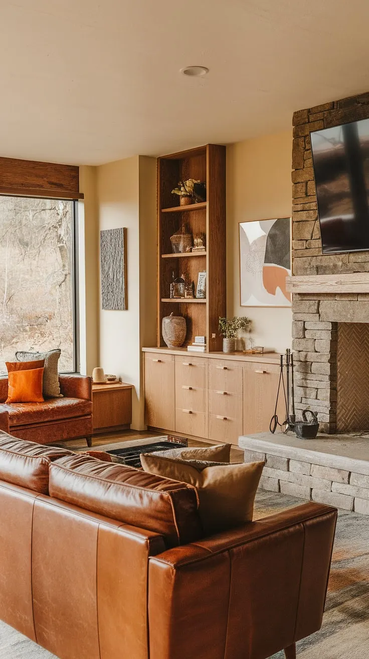 Mid-century modern meets mountain modern in this cozy family room. The rich leather couch, built-in cabinetry, and rustic fireplace create a warm and inviting atmosphere, perfectly complemented by the stunning natural view from the large window. A perfect blend of textures and materials-wood, leather, stone-makes this space feel both sophisticated and comfortable.