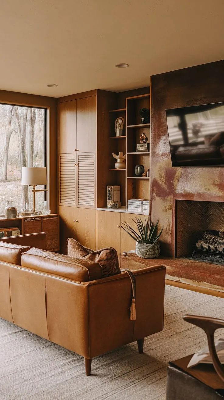 This family room effortlessly blends rustic charm with mid-century modern design. The built-in cabinetry, leather sofa, and earthy tones create a sophisticated yet inviting atmosphere. A stunning view from the large window completes this tranquil and stylish space. A home to cherish.