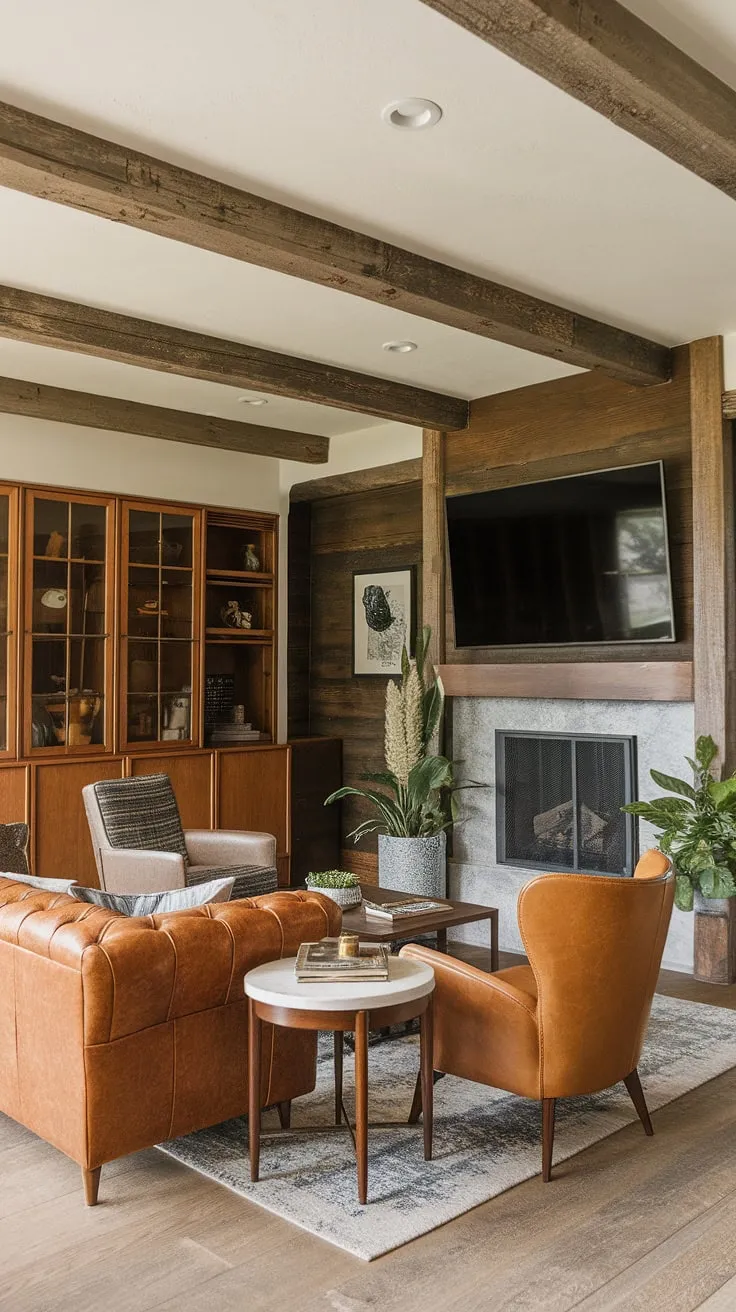Rustic charm meets mid-century elegance in this inviting family room. The exposed wooden beams and stone fireplace add a touch of nature, while the leather seating and stylish coffee table provide a sophisticated touch. A space designed for relaxation and connection.
