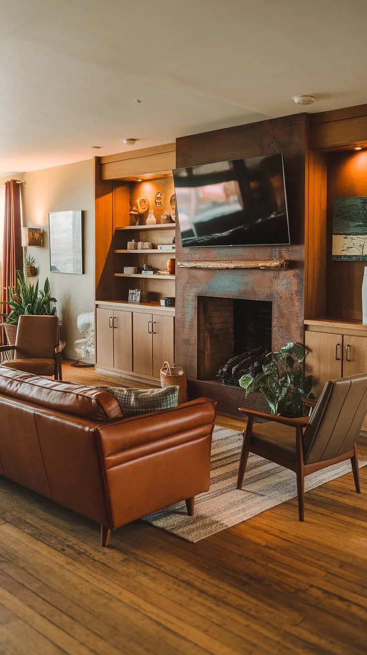 This mid-century modern haven seamlessly blends rustic charm with sleek design. The leather couch invites you to sink in, while the built-in cabinets offer both style and storage. The fireplace, complete with a mounted TV, is the undeniable heart of the room, creating a warm and inviting ambiance. A testament to timeless design and comfortable living.