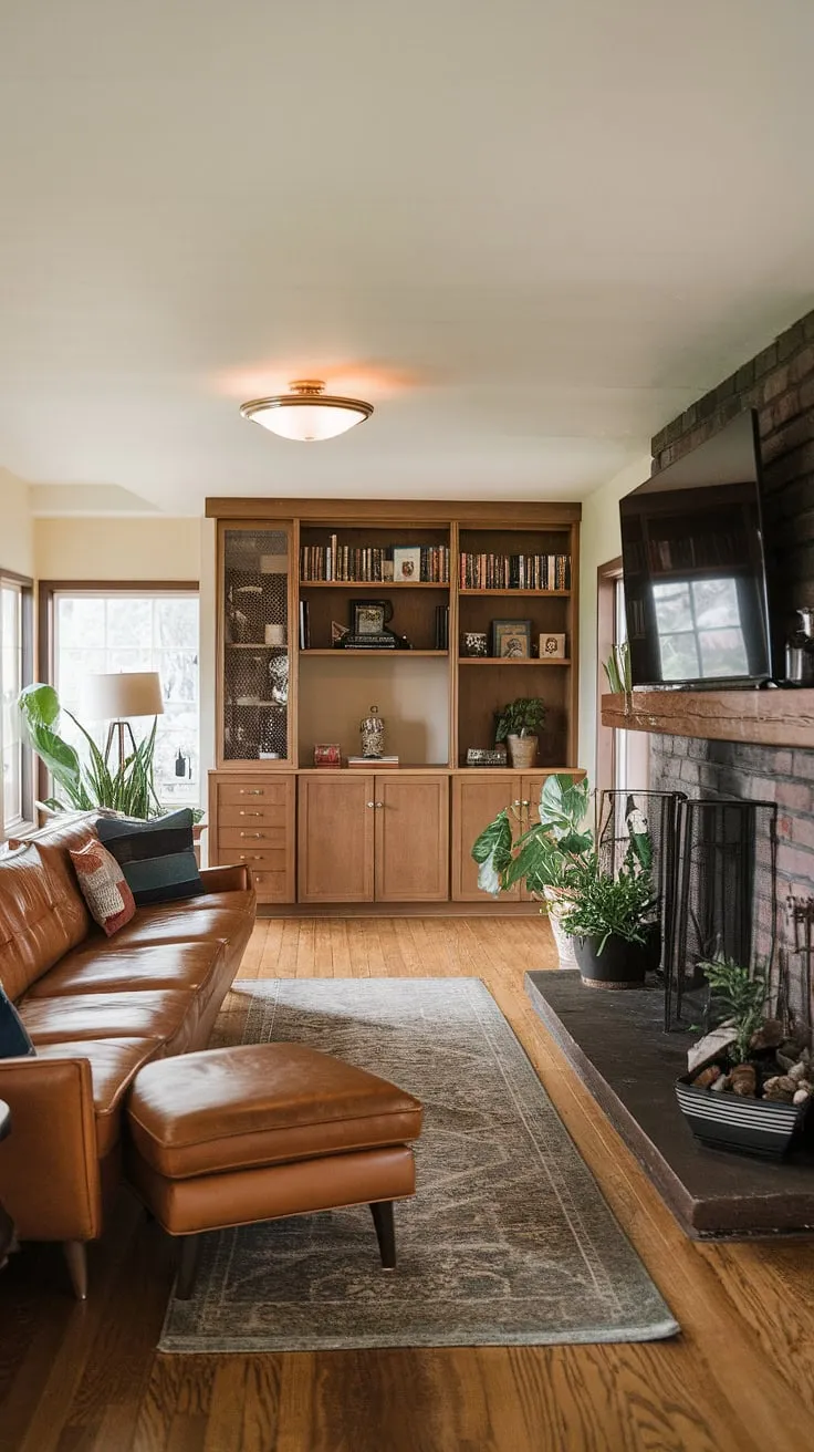 Relax and unwind in this inviting mid-century modern family room. The rich leather couch beckons, while the built-in cabinets offer ample storage. A cleverly integrated TV above the fireplace adds a touch of modern convenience without compromising the room's vintage charm. A sanctuary of calm and sophistication.