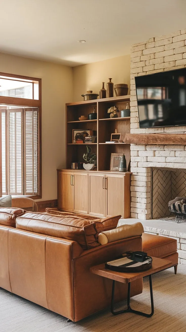 Warmth, wood, and a touch of mid-century magic. This family room, with its rich leather seating and custom built-ins, is the perfect blend of comfort and style. The rustic fireplace, complete with a cleverly mounted TV, anchors the space, creating a cozy haven for family gatherings. A large window, framed by wooden shutters, allows natural light to flood the room, enhancing the already inviting atmosphere.