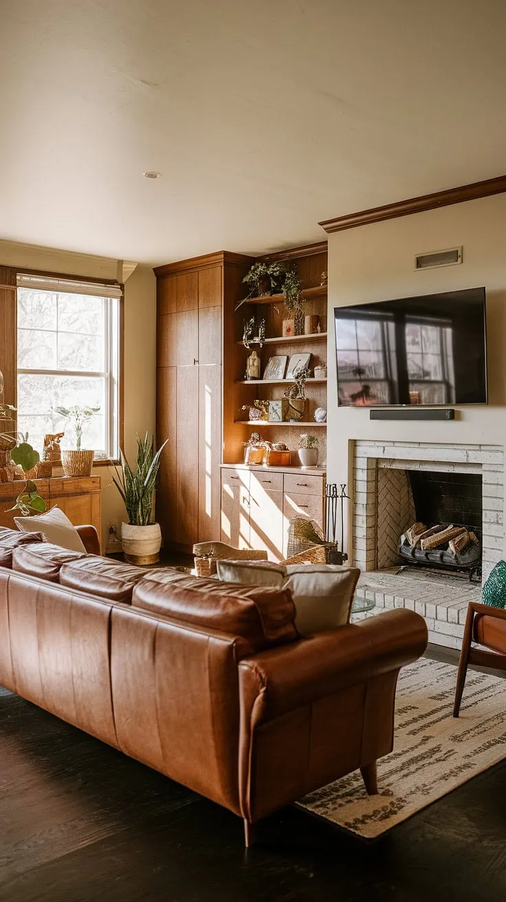 This mid-century modern haven effortlessly blends rustic textures with sleek lines. The warm beige walls and dark floors provide a stunning backdrop for the leather sofa, built-in storage, and the inviting fireplace featuring a cleverly concealed TV. Plants and carefully chosen accents complete the picture of relaxed sophistication.