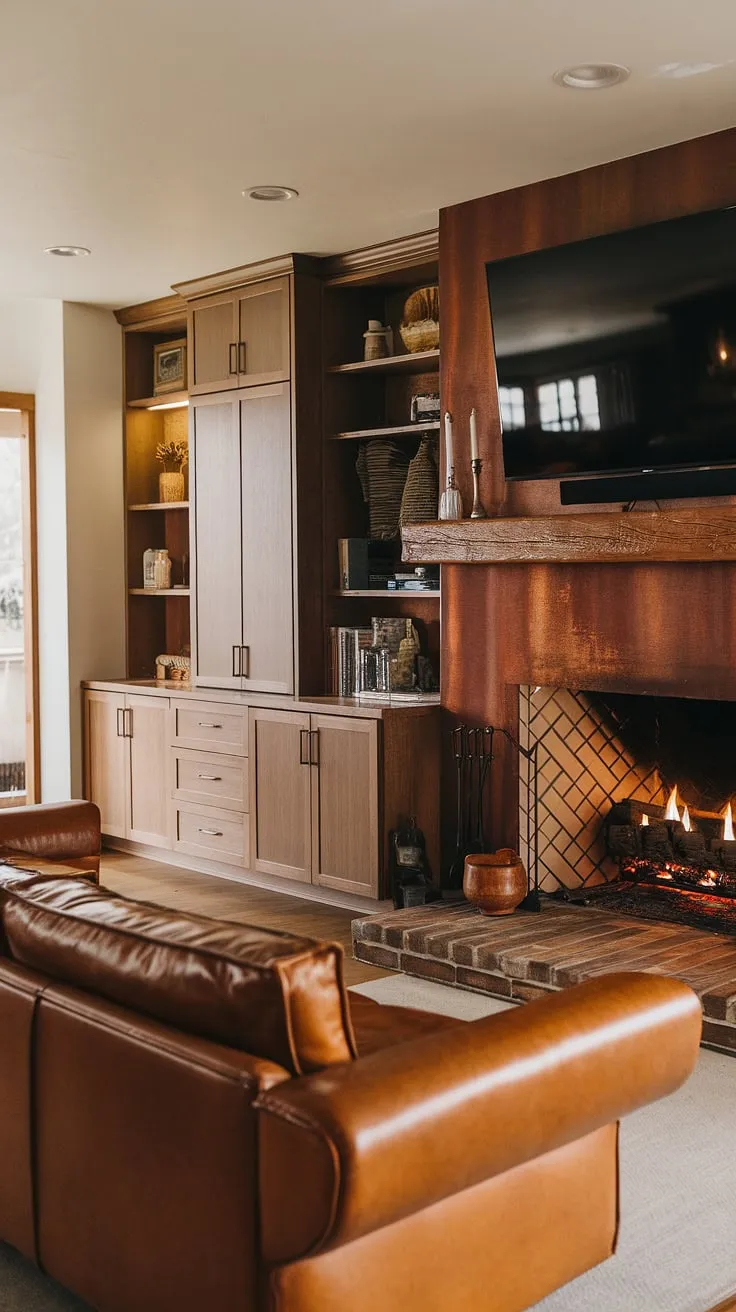 The warmth of the fireplace, the rich leather of the couch, and the sleek lines of the built-in cabinetry create a mid-century modern haven-a perfect blend of comfort and sophisticated style. This family room is the epitome of relaxed elegance.