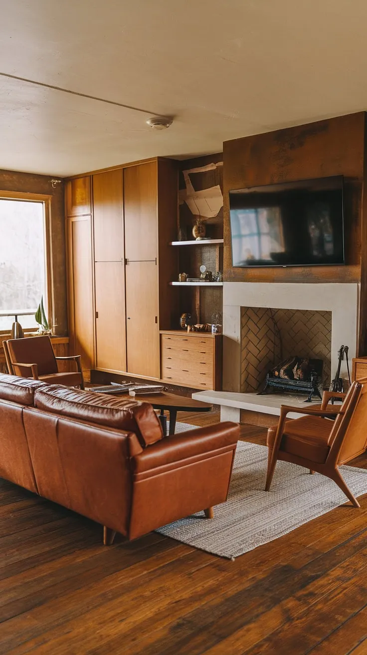 The warmth of the fireplace, the cool comfort of the leather couch, and the timeless style of mid-century modern design all come together in this inviting family room. A perfect blend of rustic charm and sleek lines creates a space where memories are made. A sanctuary of comfort and style.