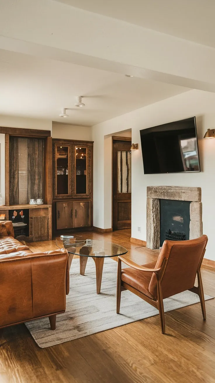 Warmth and style blend seamlessly in this mid-century modern living room. The rustic stone fireplace, a focal point of the space, contrasts beautifully with the sleek leather sofa and glass-topped coffee table, creating a comfortable and inviting atmosphere. The built-in cabinetry adds a touch of refined storage, completing this perfectly balanced design.